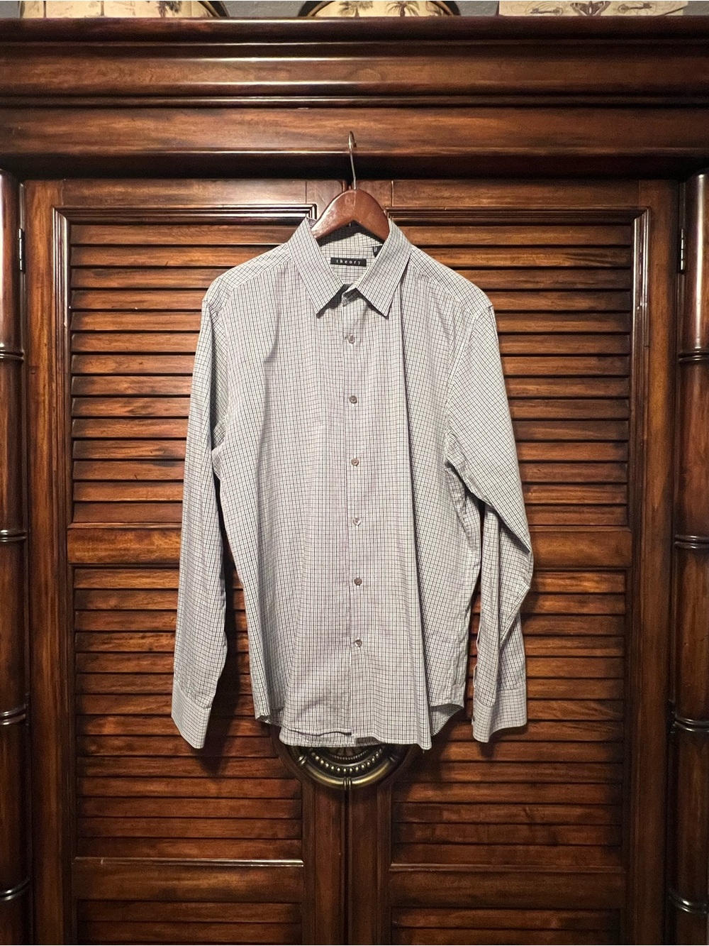 Theory Sylvain Accolade Black Gray White Micro Gingham Stretch Dress Shirt XL